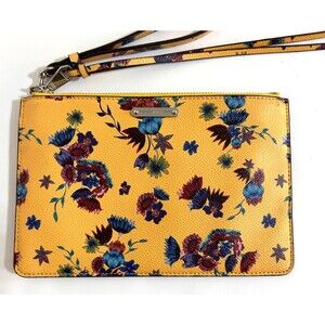 REBECCA MINKOFF Leather CLUTCH Yellow Blue Floral Wallet Credit Card Wristlet